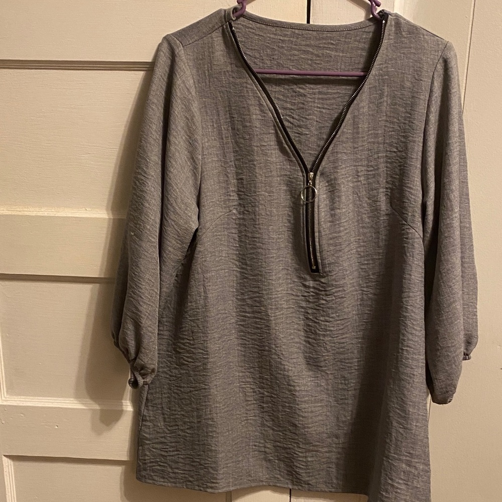Gray Women's Top with Zipper Detail